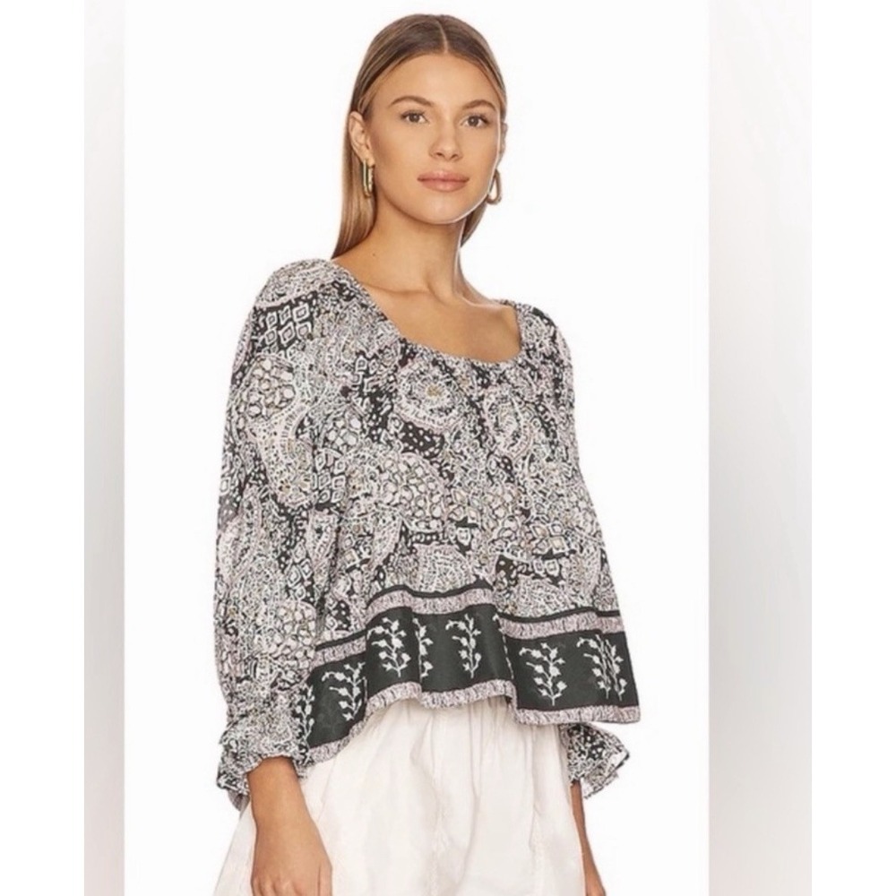 Cleobella Anna Sz S Blouse Paisley Print Organic Cotton Peasant Top Tie Back